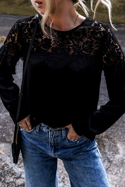 Black Lace Crochet Patchwork O Neck Long Sleeve Top