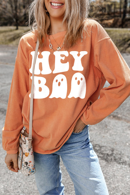 Orange Halloween Hey Boo Ghost Print Loose Sweatshirt