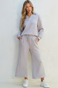 Bonbon Solid Textured Collared V Neck Top and Wide Leg Pants Set