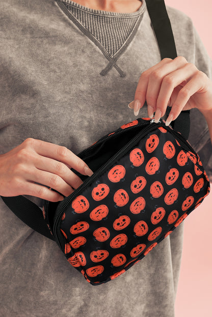 Black Halloween Pumpkin Print Buckle Strap Square Crossbody Bag