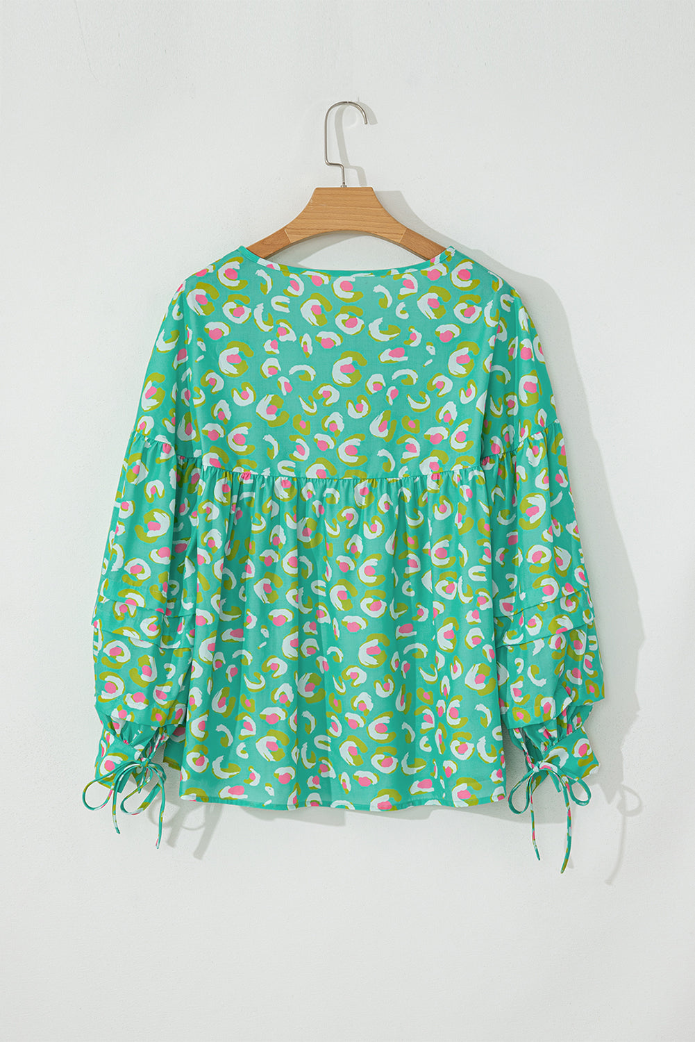 Green Abstract Printed Lace-up Lantern Sleeve Babydoll Blouse