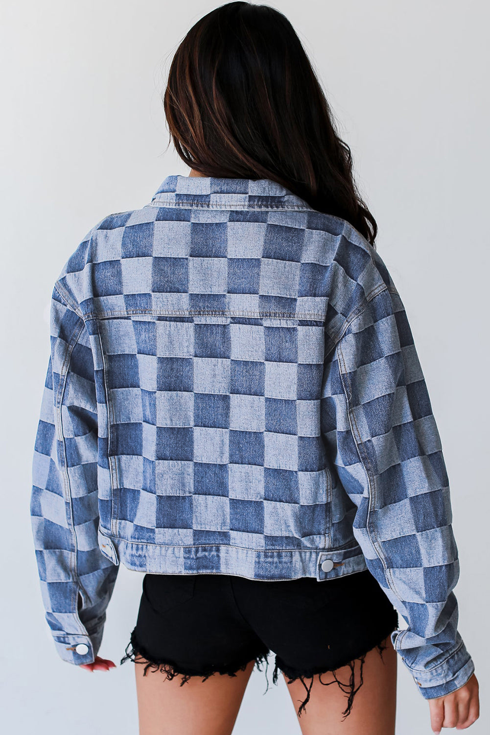 Black Checkered Patchwork Button up Denim Jacket