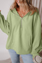 Smoke Green Fleece Lined Half Zipper Kangaroo Pockets Loose Hoodie