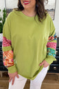 Beige Plus Size Printed Patchwork Sleeve Split Sweatshirt