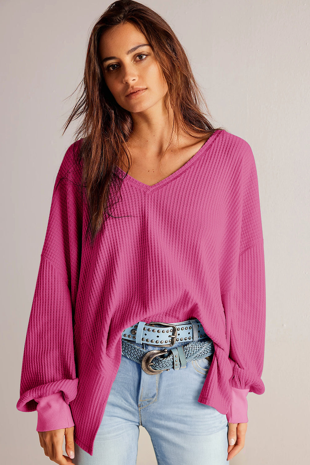 Bright Pink Waffle V Neck Long Sleeve Drop Shoulder Loose Blouse