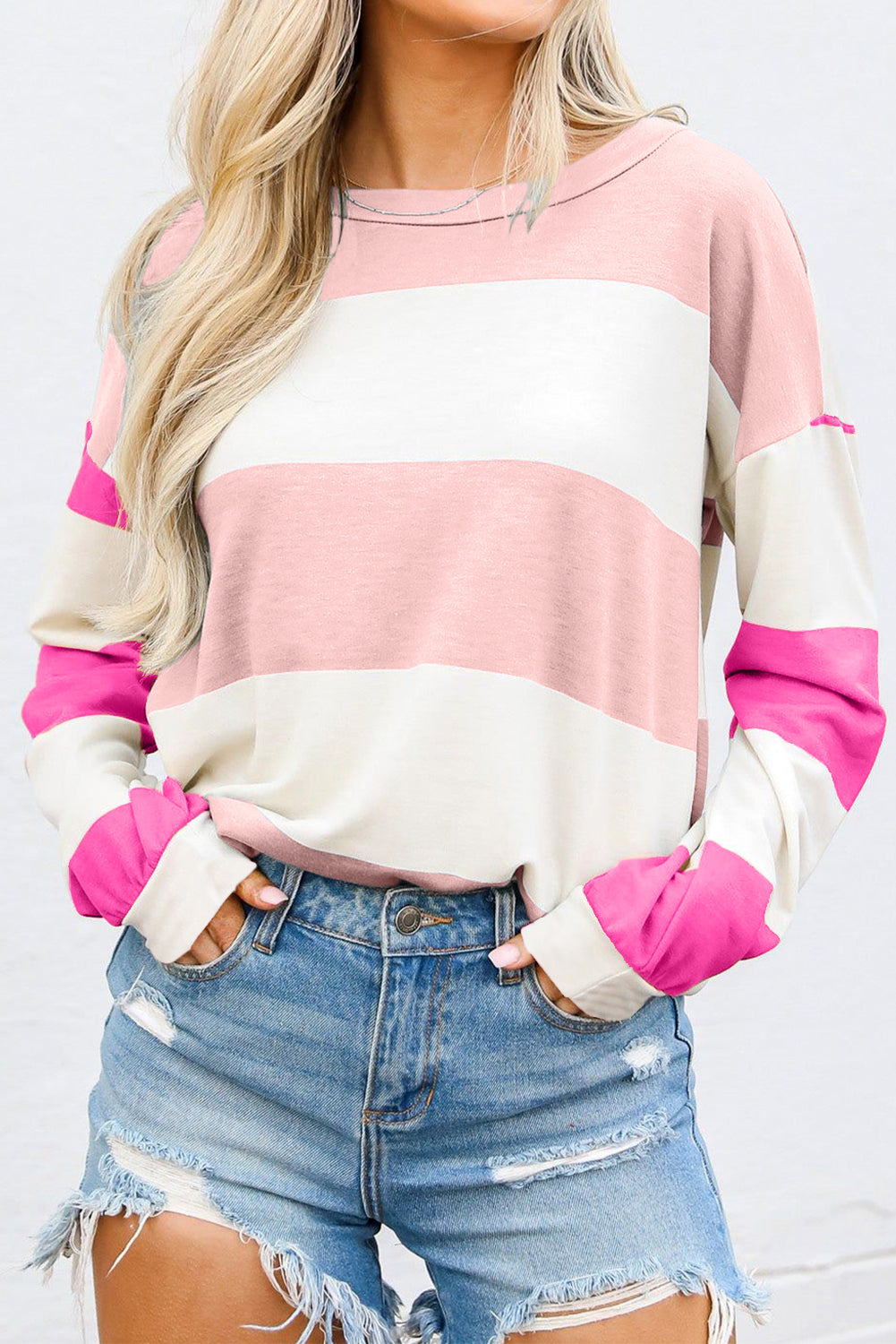 Light Blue Colorblock Striped Drop Shoulder Long Sleeve Top