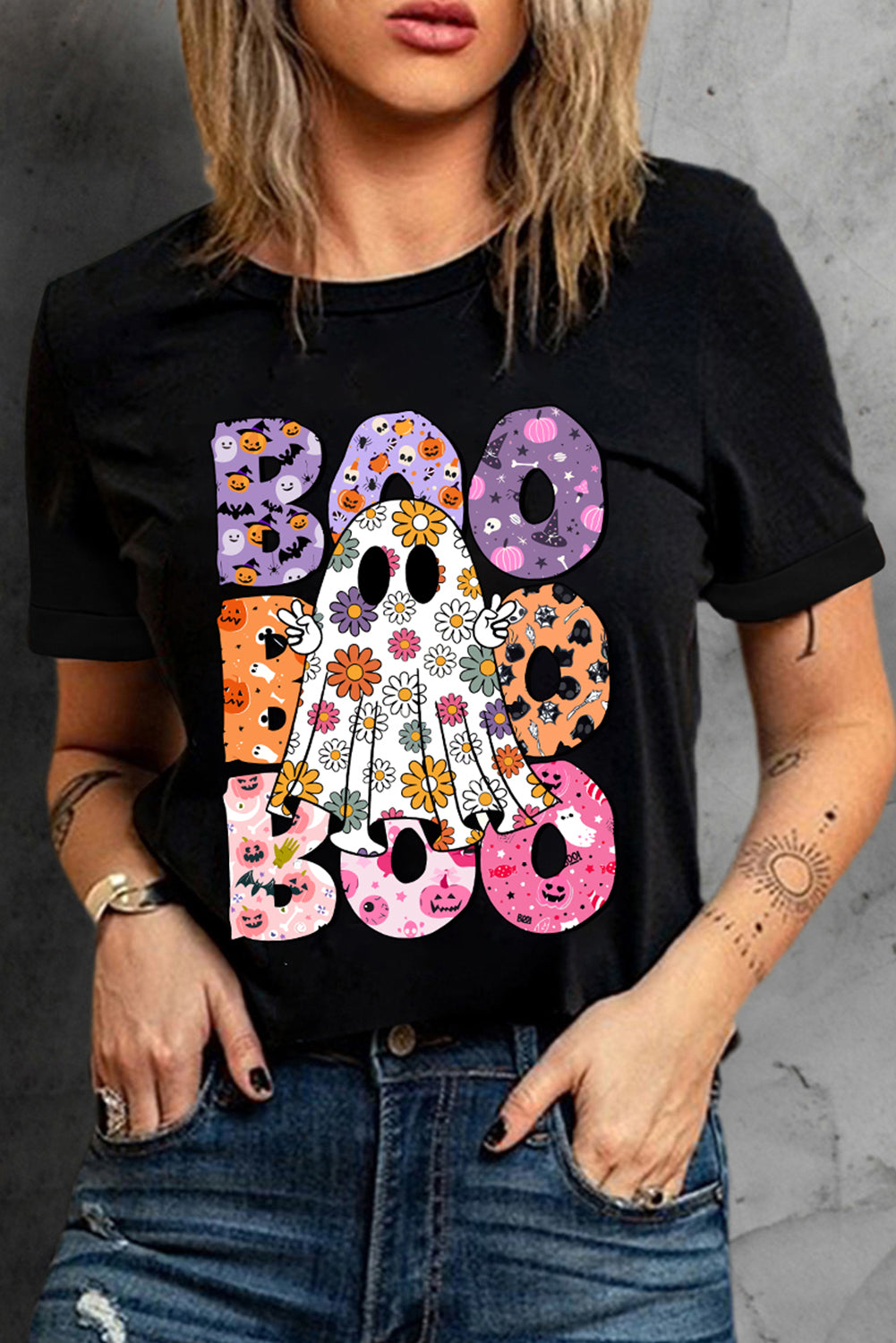 Black BOO Floral Ghost Print Crew Neck Halloween T Shirt