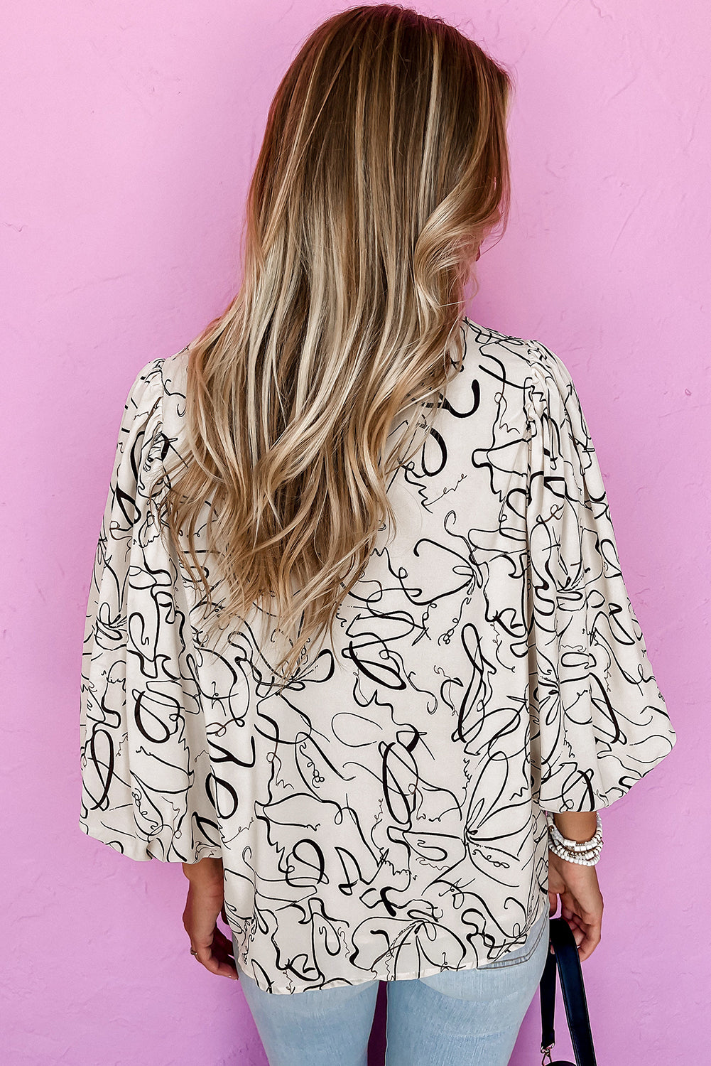 Beige Abstract Print Balloon Sleeve Crew Neck Blouse