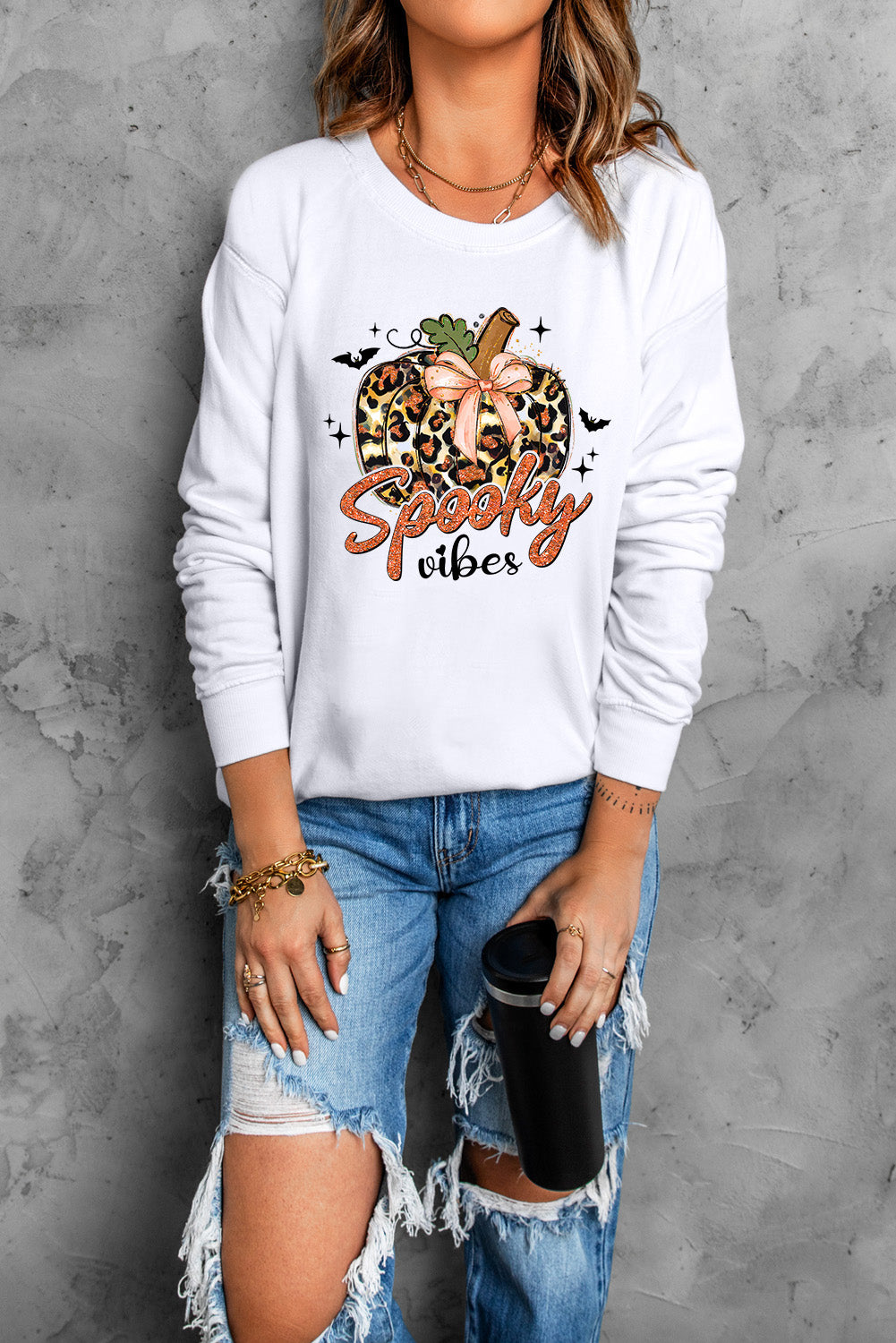 Beige Spooky Leopard Pumpkin Print Crew Neck Sweatshirt