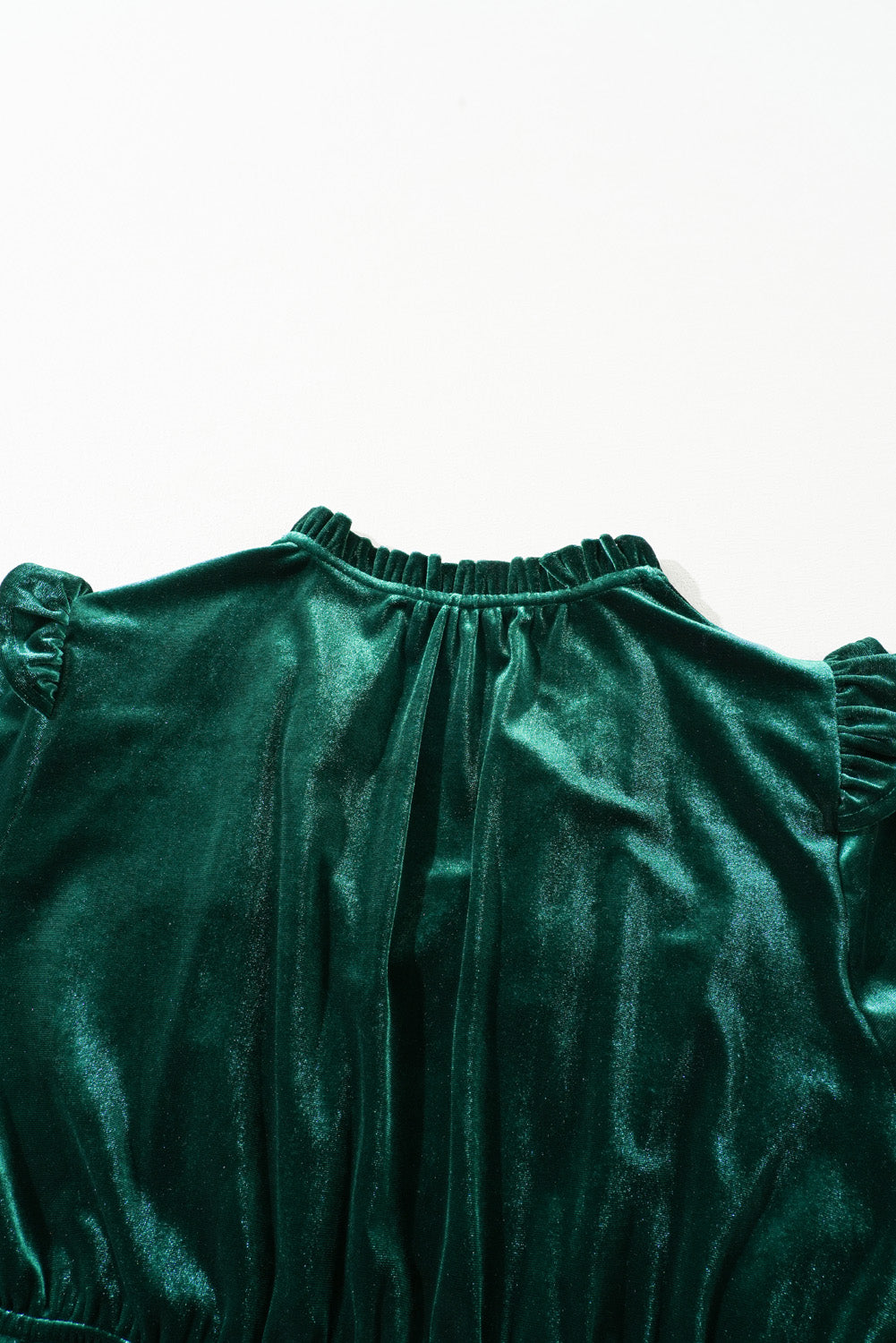 Blackish Green Velvet Frilled up Neck Ruffled High Waist Plus Size Midi Dress