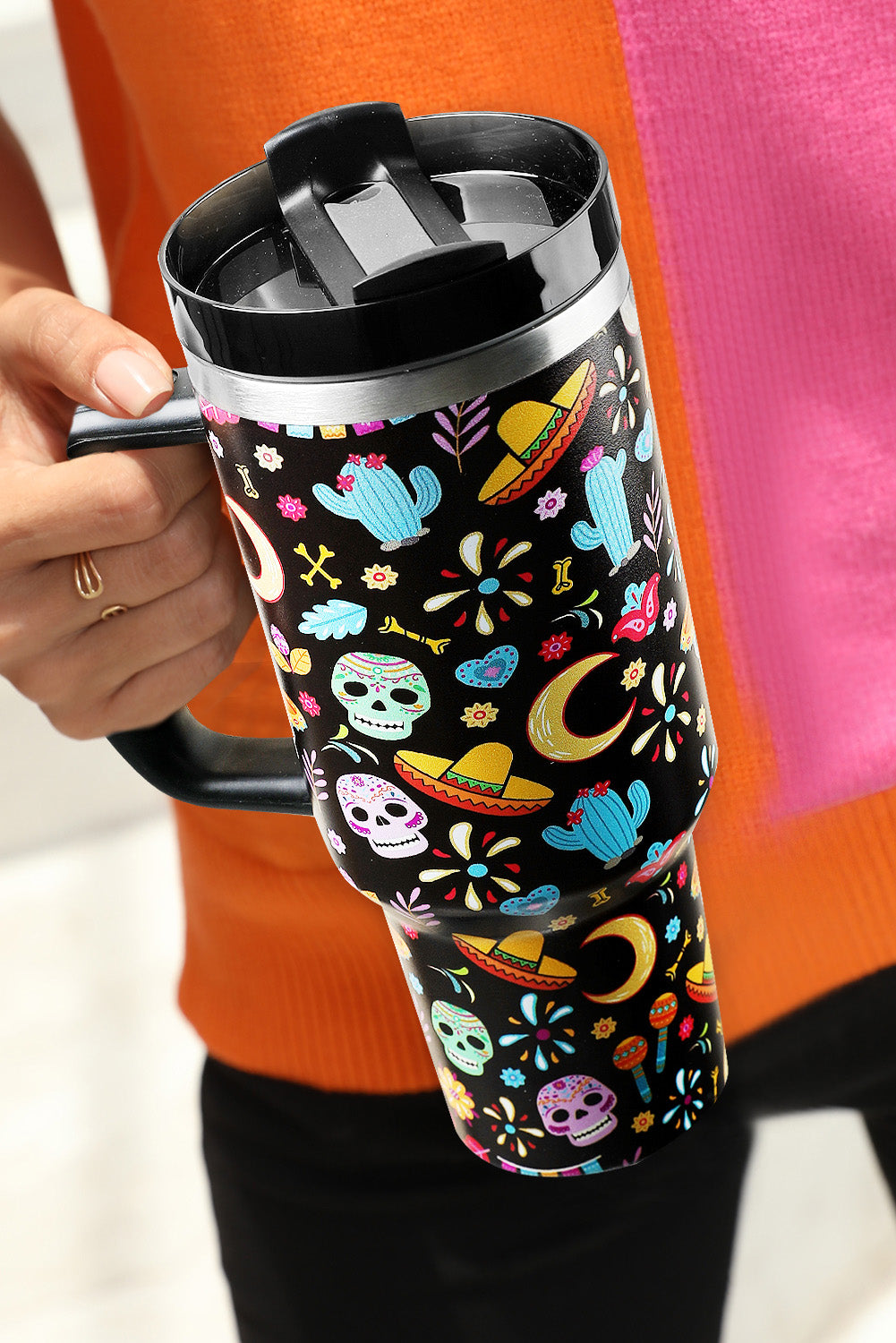 Black Halloween Pattern Print Handle Vacuum Cup 40oz