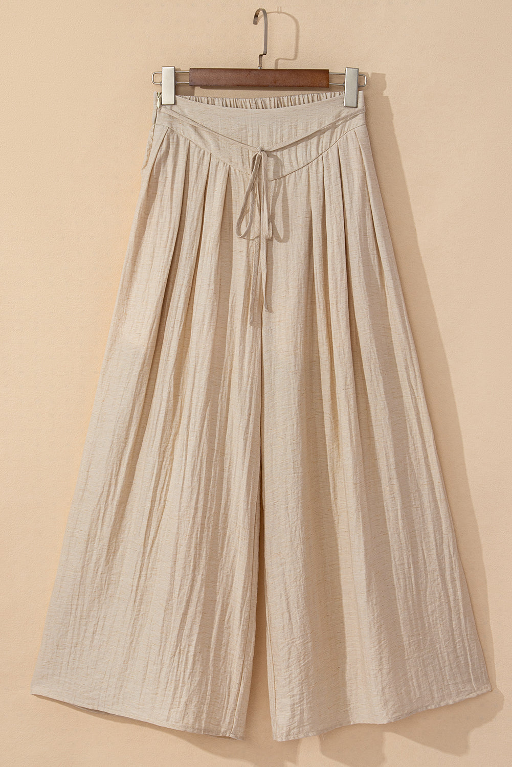 Beige Drawstring Waist Pleated Wide Leg Casual Pants