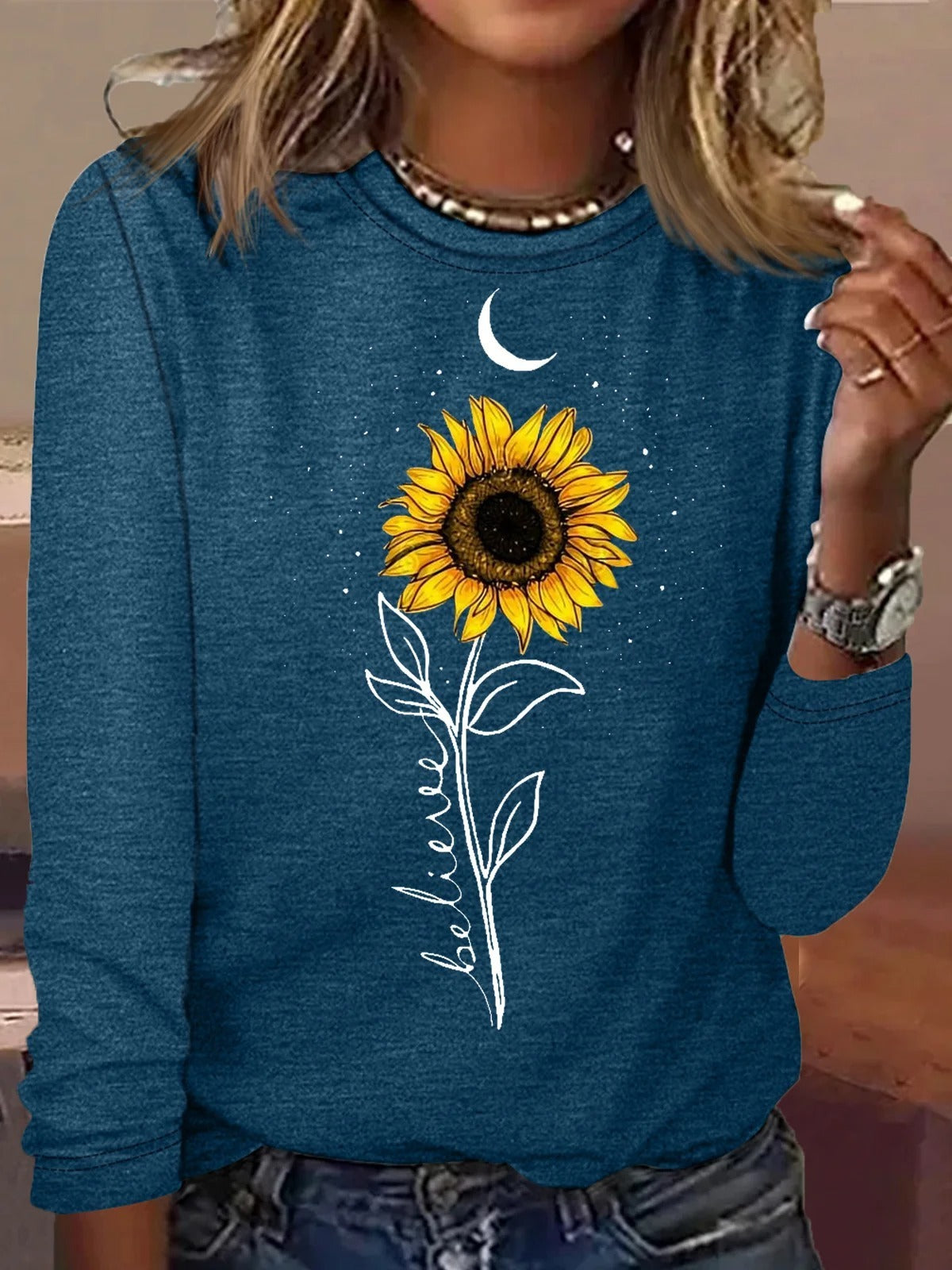 Comfort And Casual Printed Long Sleeve Round Neck T-shirt