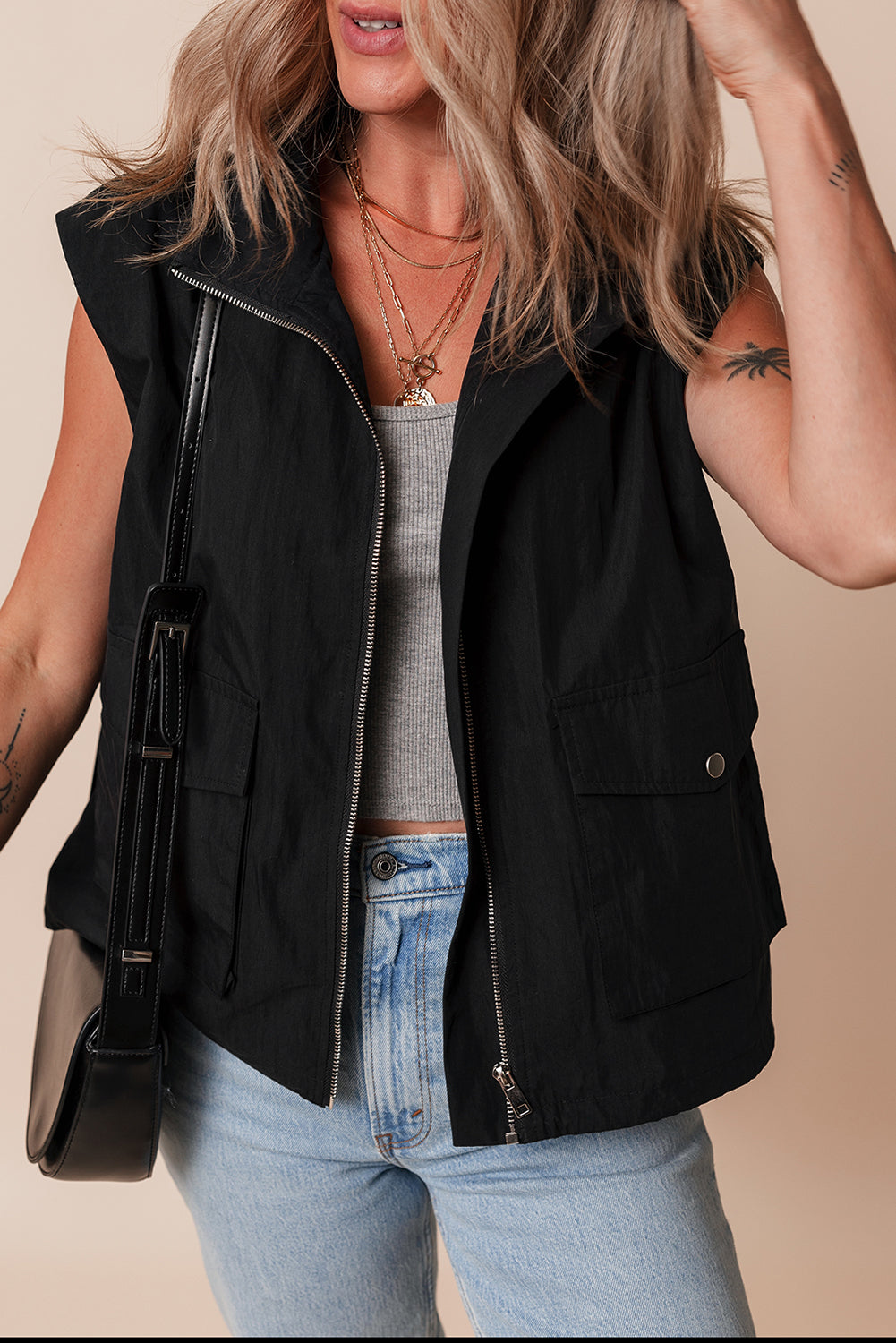 Black Flap Pockets Zip Up High Neck Vest