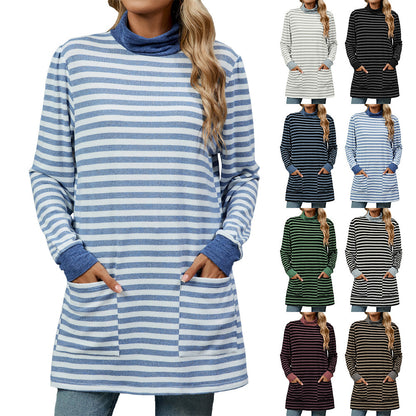 Striped Print Long Sweatshirt With Pocket Loose Long Sleeve Pullover T-shirt Top