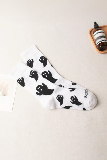 White Ghost Printed Halloween Cotton Mid calf Socks