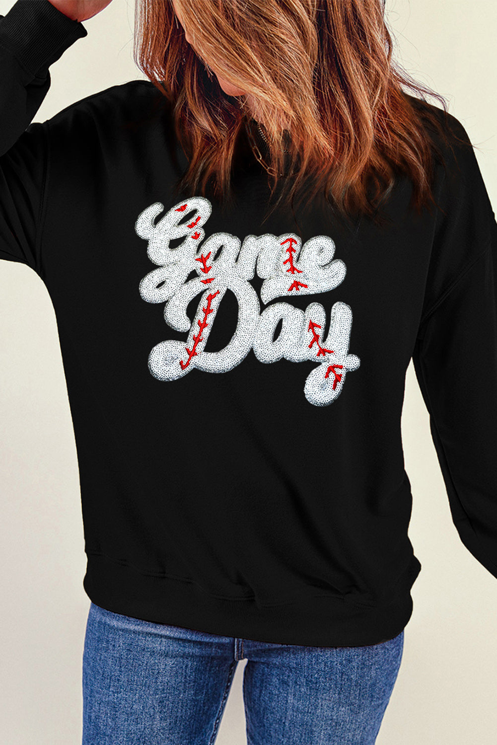 Black Sequined Game Day Graphic Crew Neck  Sweatshirt