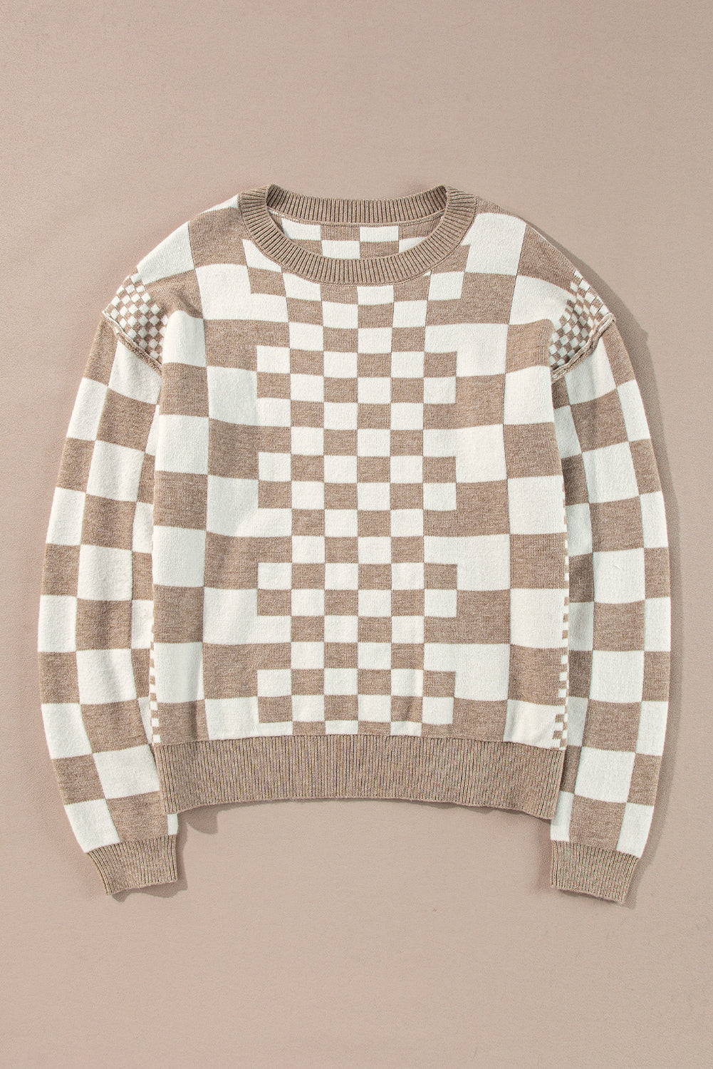 Gray Checkered Print Drop Shoulder Round Neck Sweater