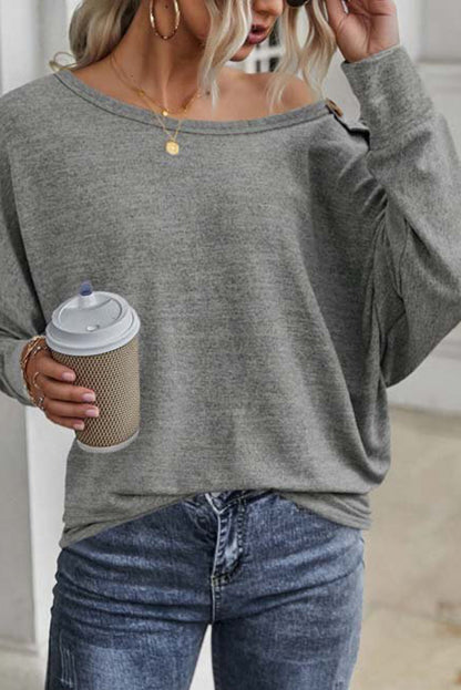 Gray Solid Color Button Decor Dolman Sleeve Top