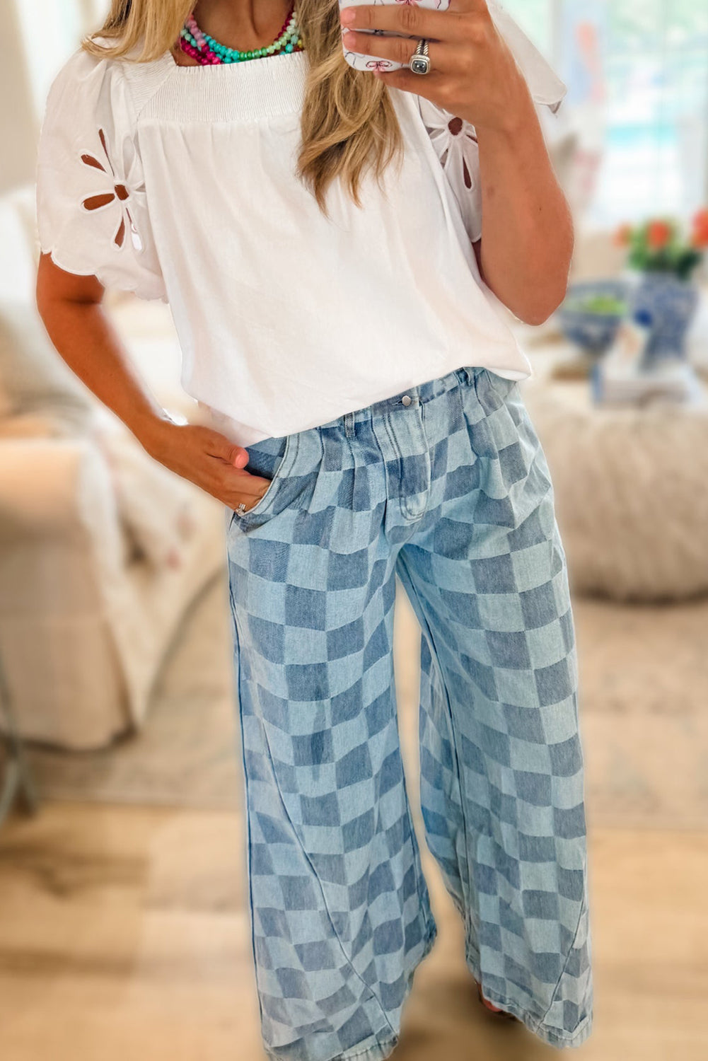 Dusk Blue Checkered Denim Wide Leg Jeans