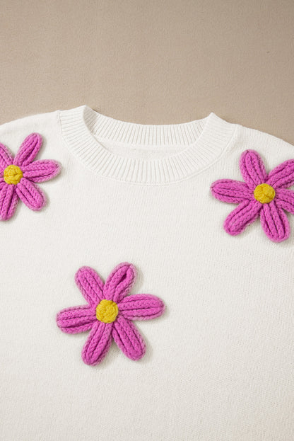 White Plus Size Flower Crochet Drop Shoulder Knit Sweater