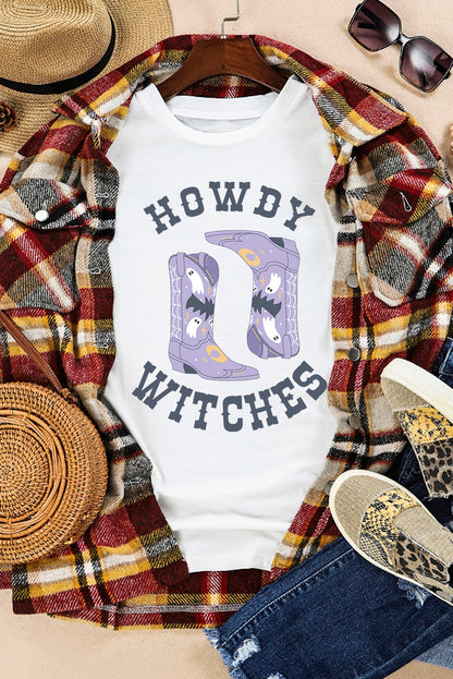 White HOWDY WITCHES Halloween Boots Crewneck T Shirt