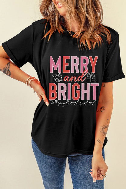 Black MERRY and BRIGHT Crew Neck Christmas Graphic Tee