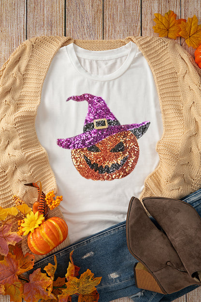 White Halloween Sequined Pumpkin Crewneck Graphic Tee