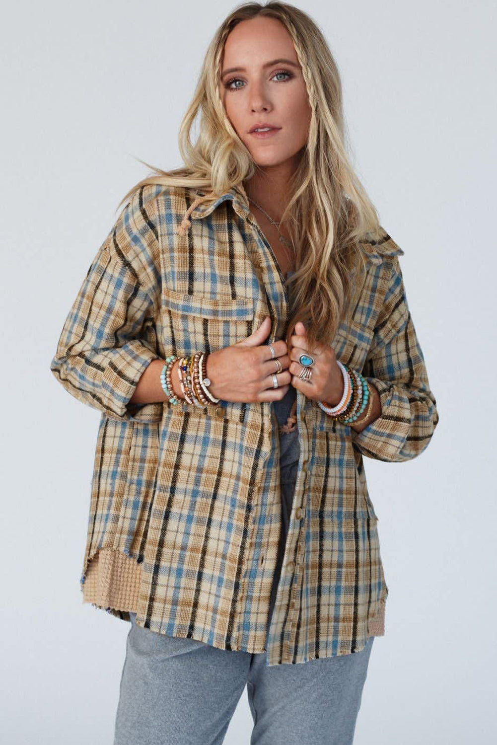 Ashleigh Blue Waffle Knit Patchwork Hooded Plaid Shacket