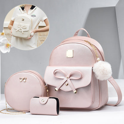 Fashion Women's Bags PU Bow Composite Bag Young Girl Student Cute Shoulders Backpack Crossbody Bags Coin Purse 3pcs Set