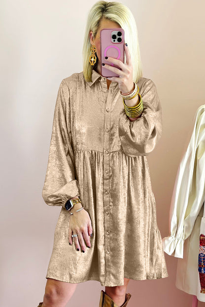 Apricot Metallic Sheen Puff Sleeve Button Up Mini Shirt Dress