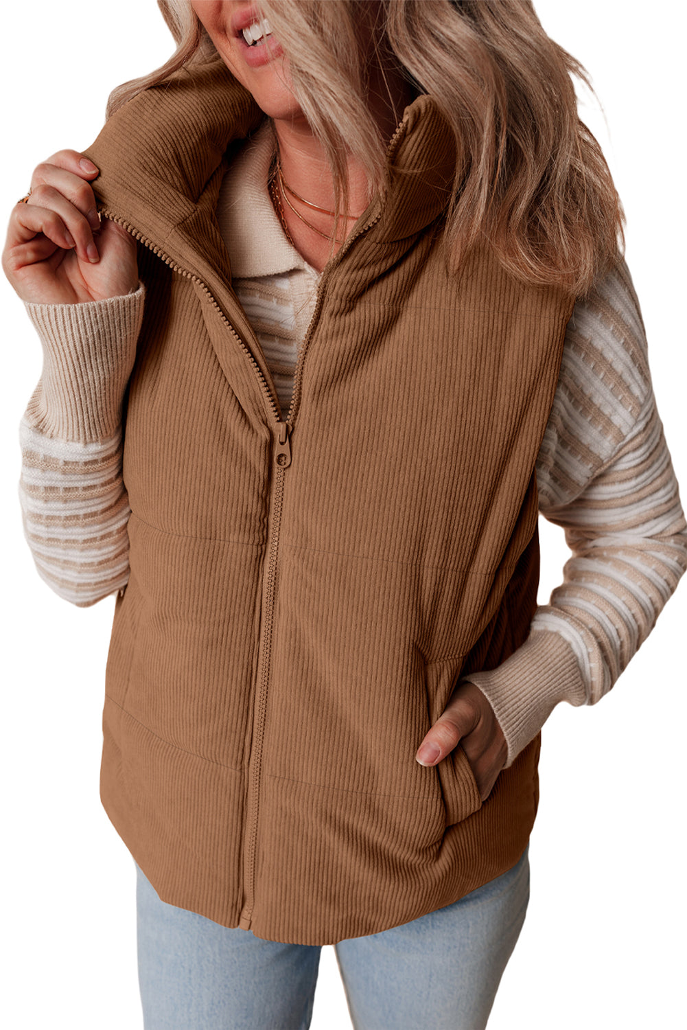 Coffee Corduroy Stand Neck Zipped Puffer Vest