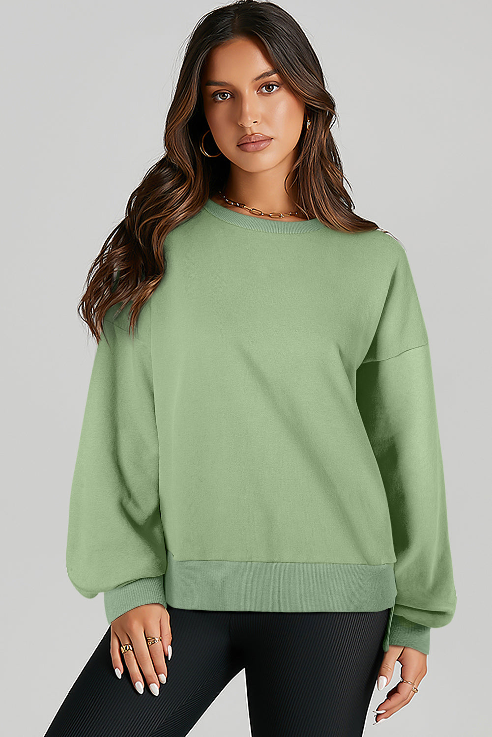 Sea Green Solid Fleece Lined Drop Shoulder High Low Sweatshirt