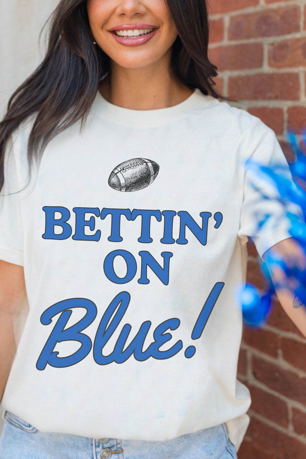 White Rugby Football BETTIN ON Blue Graphic Crewneck T Shirt