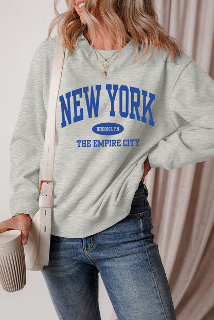 Gray NEW YORK Letter Printed Round Neck Pullover Sweatshirt