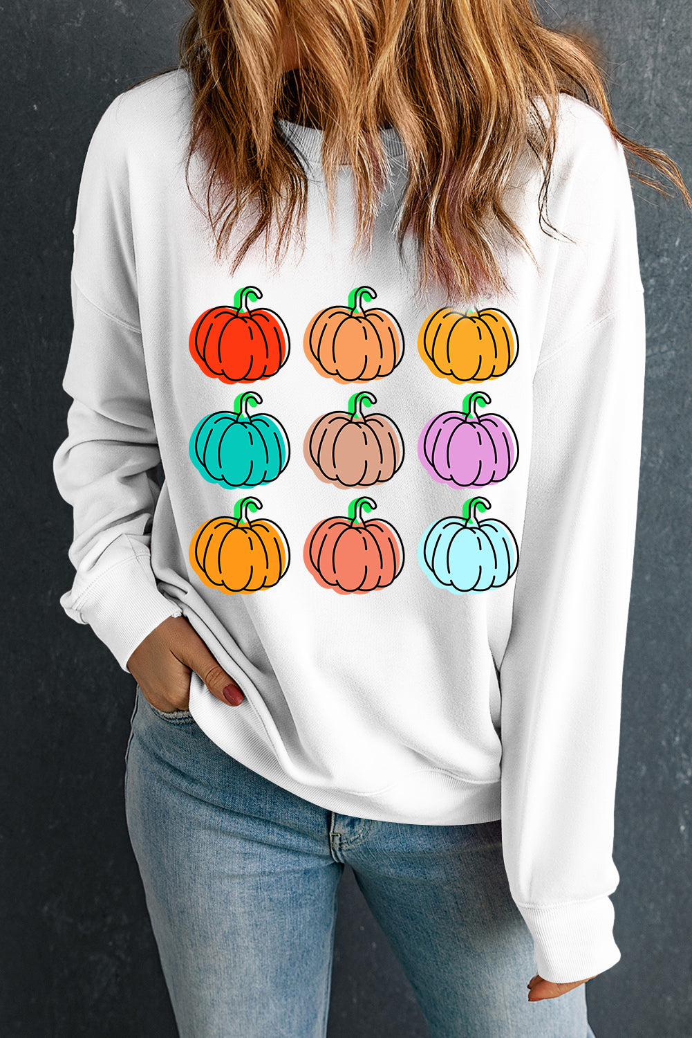 Beige Vibrant Pumpkins Print Crew Neck Halloween Sweatshirt