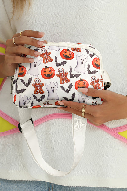 White Halloween Pattern Print Wide Belt Square Crossbody Bag