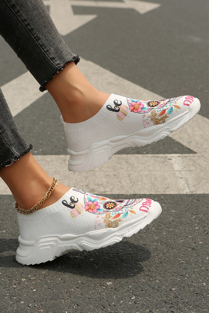 White Halloween Floral Skull Printed Slip-On Flat Shoes