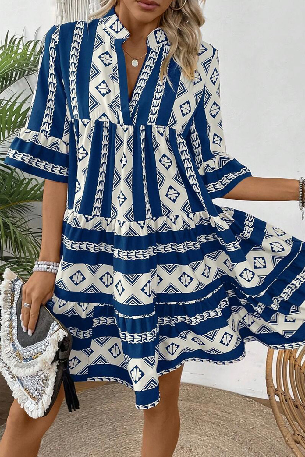 Blue Geometric Print V Neck Ruffled Dress