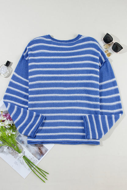 Green Stripe Drop Shoulder Casual Sweater