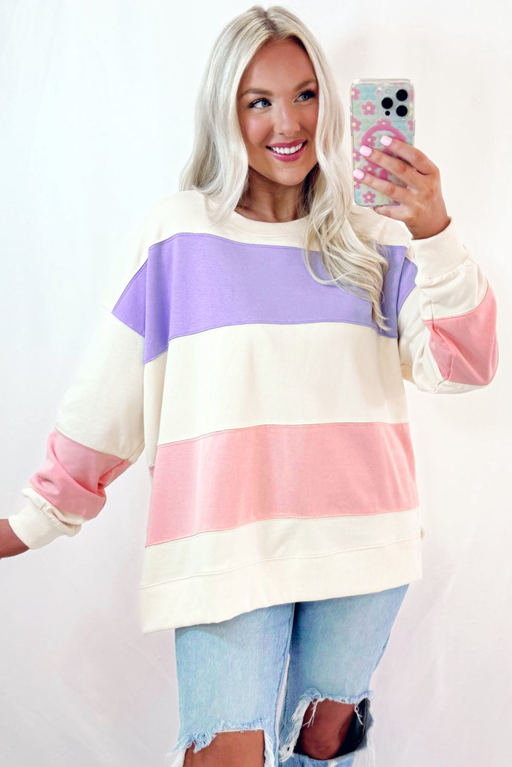 Beige Colorblock Patchwork Drop Shoulder Crewneck Sweatshirt