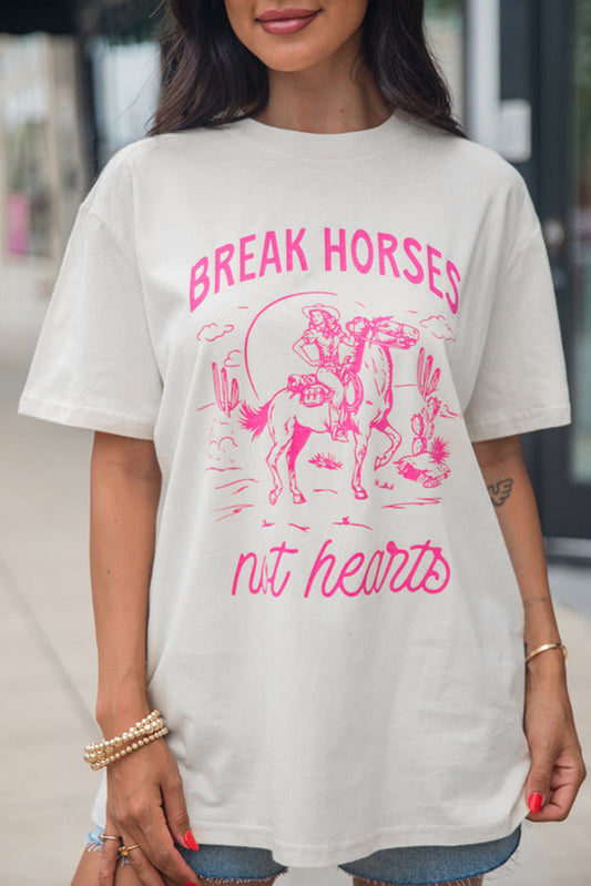 White Western BREAK HORSES Cowboy Graphic Crewneck T Shirt