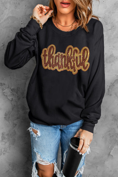 Black Glittering thankful Graphic Drop Shoulder Sweatshirt