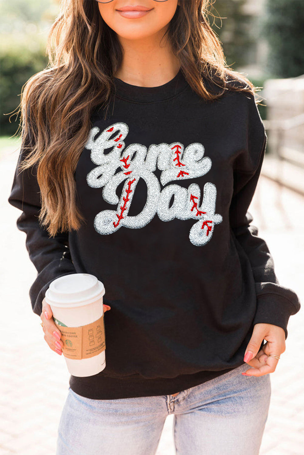 Black Sequined Game Day Graphic Crew Neck  Sweatshirt