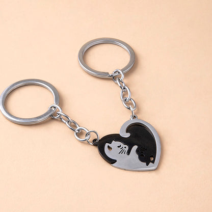 Love Heart Black White Cats Stainless Steel Couple Keychains