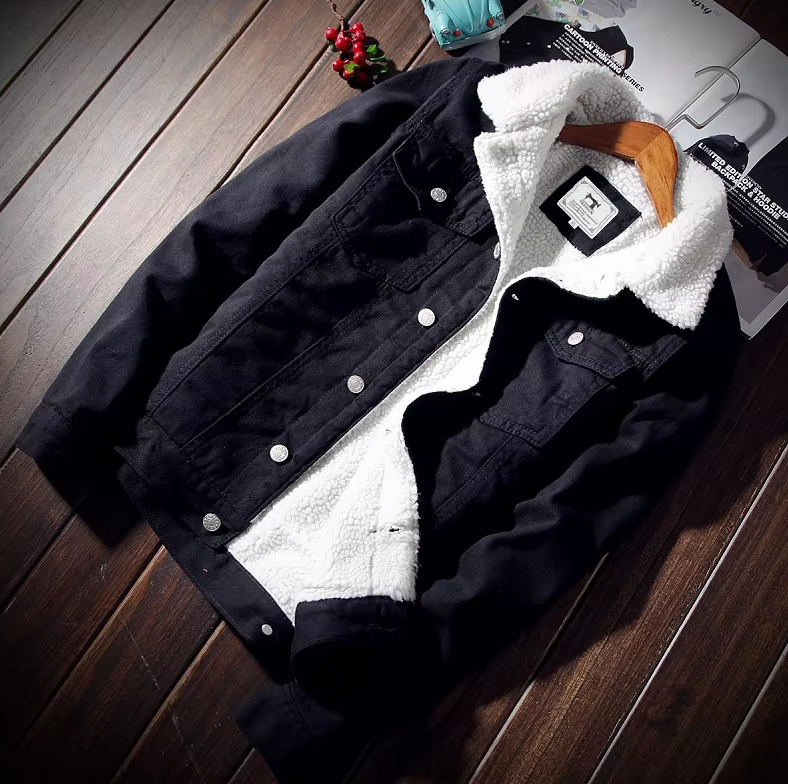 Men's Blue & Black Fur-Lined Cotton Denim Jacket - Streetwear Style