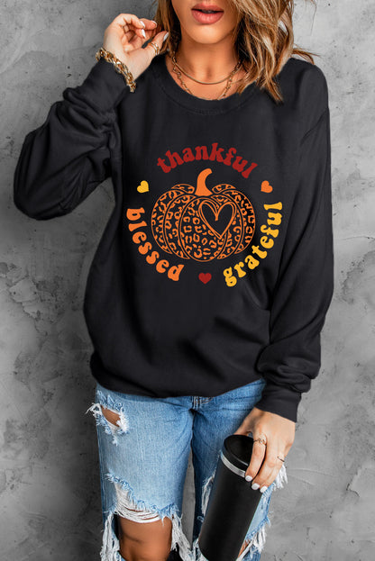 Black Leopard Pumpkin thankful blessed grateful Print Sweatshirt