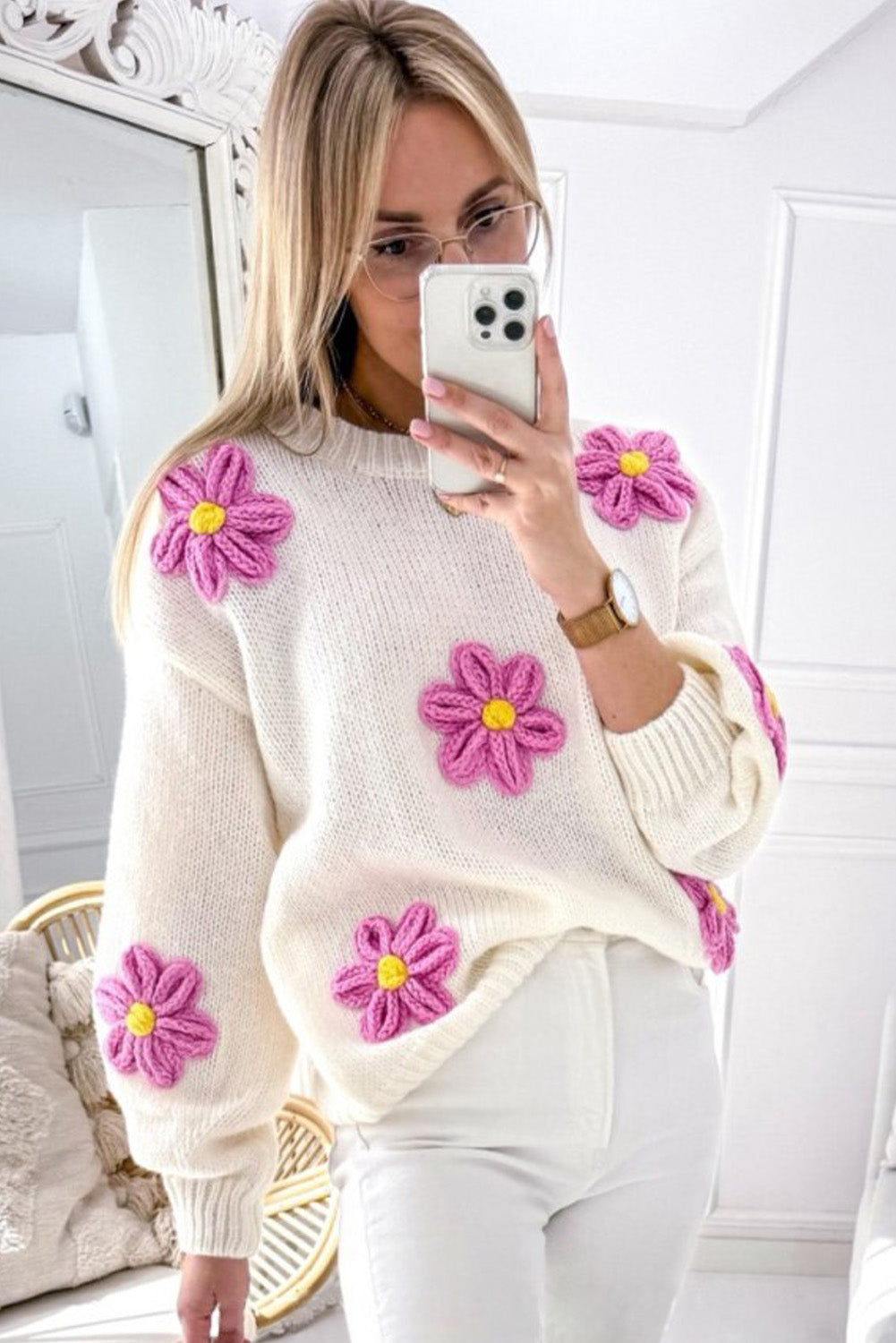 White Plus Size Flower Crochet Drop Shoulder Knit Sweater