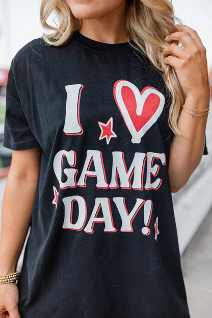 Black I Love GAME DAY Heart Printed Crewneck T Shirt