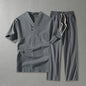 Cotton And Linen Large Size Casual Suit Loose V-neck Short Sleeve Two-piece Set